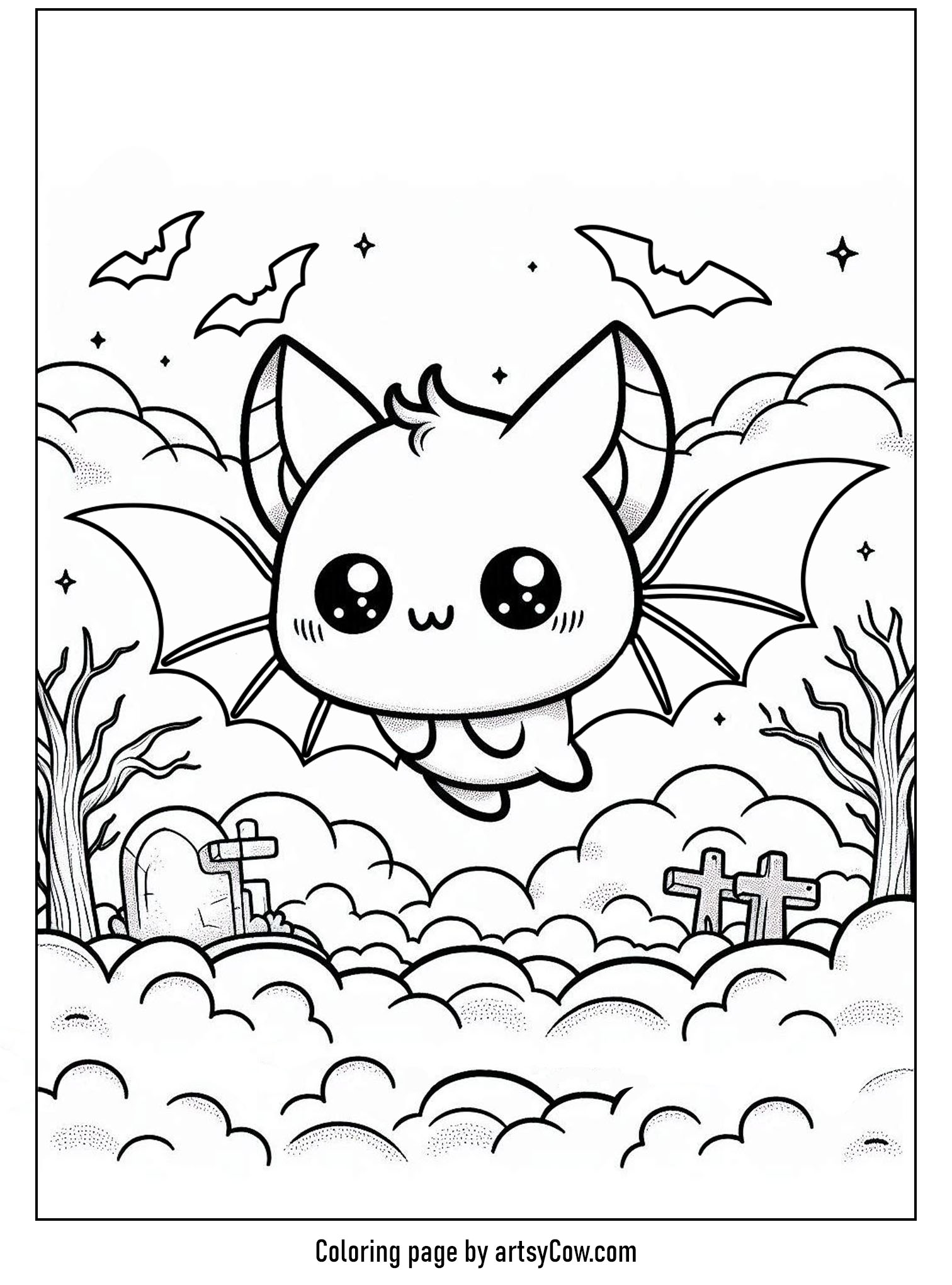 halloween coloring pages with bats, featuring a cute, wide-eyed bat character soaring above a foggy graveyard, enhanced by delicate, scattered stars and bare trees.